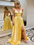 A Line Yellow V Neck Satin Lace Up Prom Dress with Slit LBQ3184